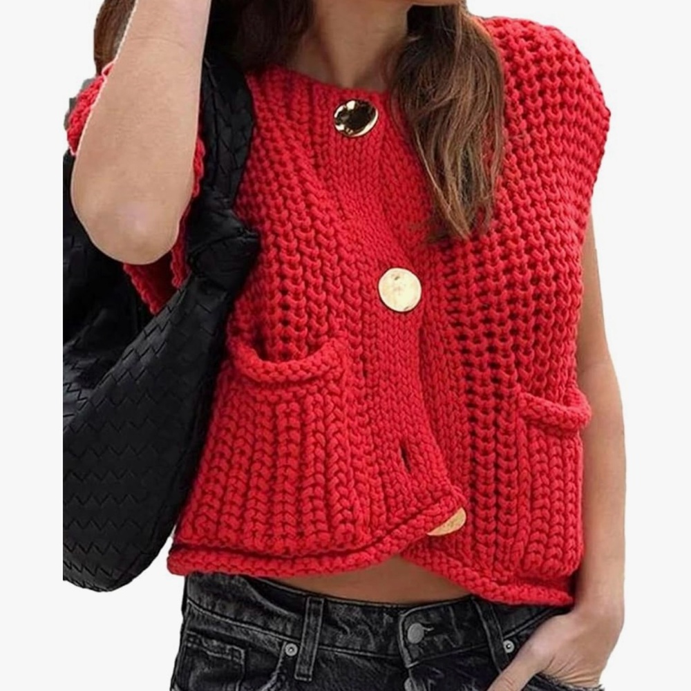 Red Knit Button-Up Vest - Picture 4 of 4